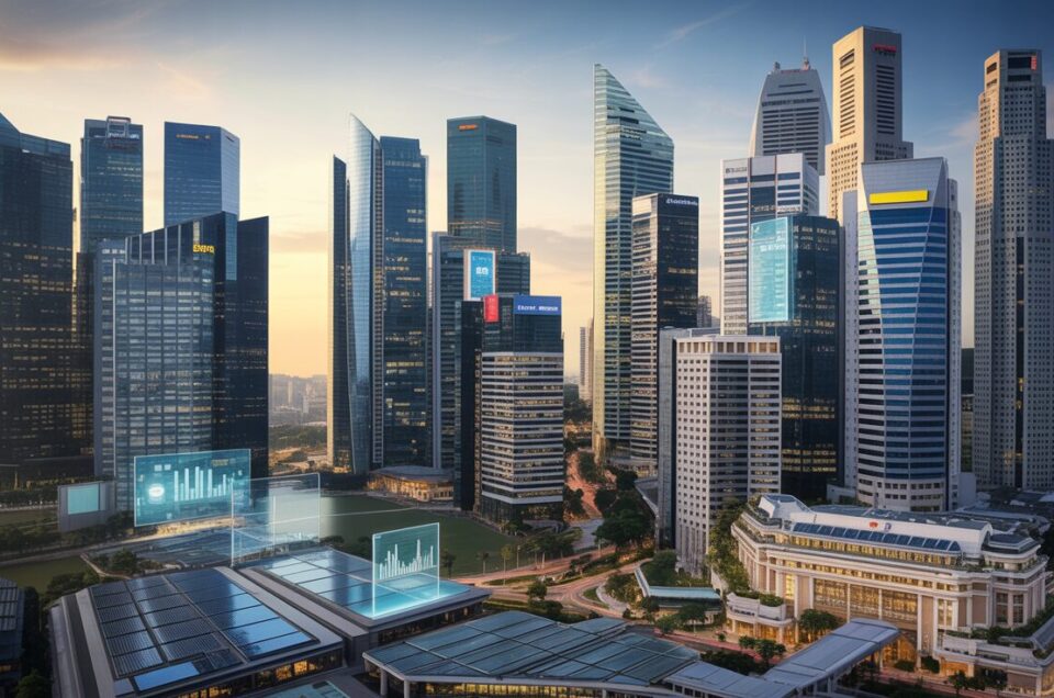 Aerial view of Singapore's futuristic financial district at dusk with glass skyscrapers.