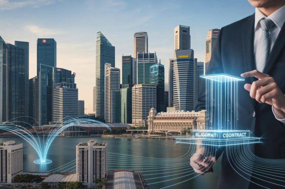Futuristic Singapore skyline with blockchain nodes, executive with holographic interface.