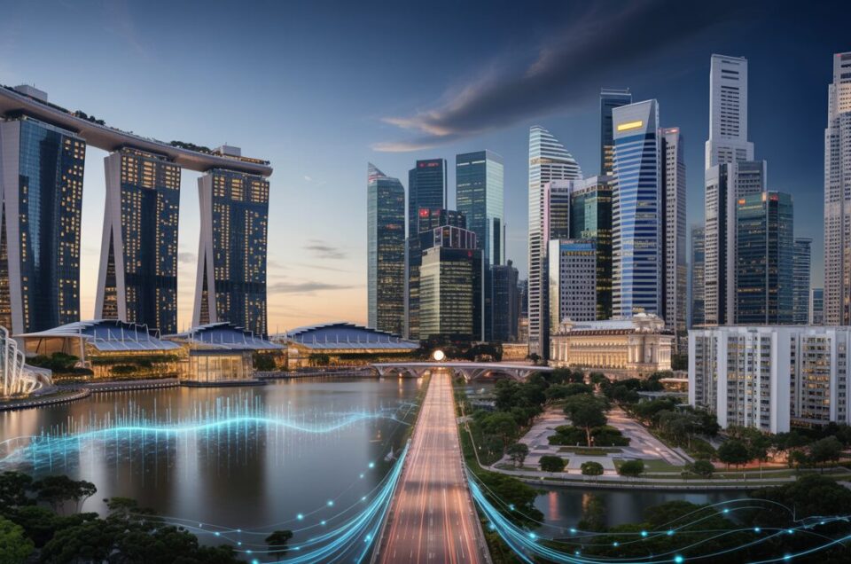 Panoramic view of Singapore's financial district at dusk with Marina Bay Sands, skyscrapers, and digital data streams.