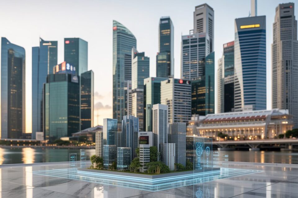 Singapore skyline at dusk, Marina Bay Sands, glowing skyscrapers, holographic 3D city model.