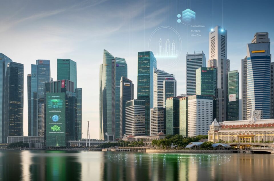 Singapore skyline at dusk with futuristic smart buildings, holographic data, and golden hour lighting.