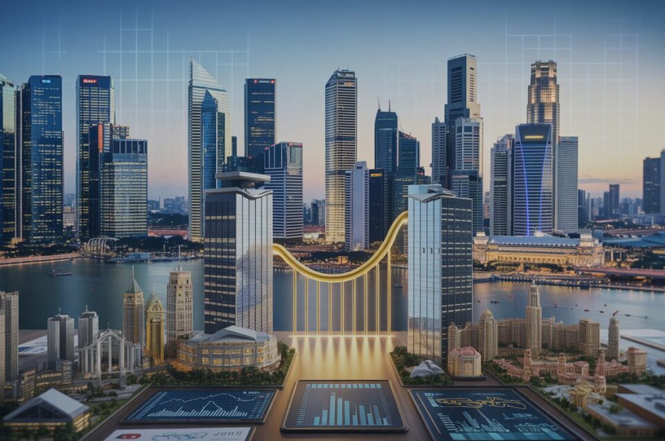 Singapore skyline at dusk with skyscrapers, golden bridge, digital graphs, and diverse architecture.