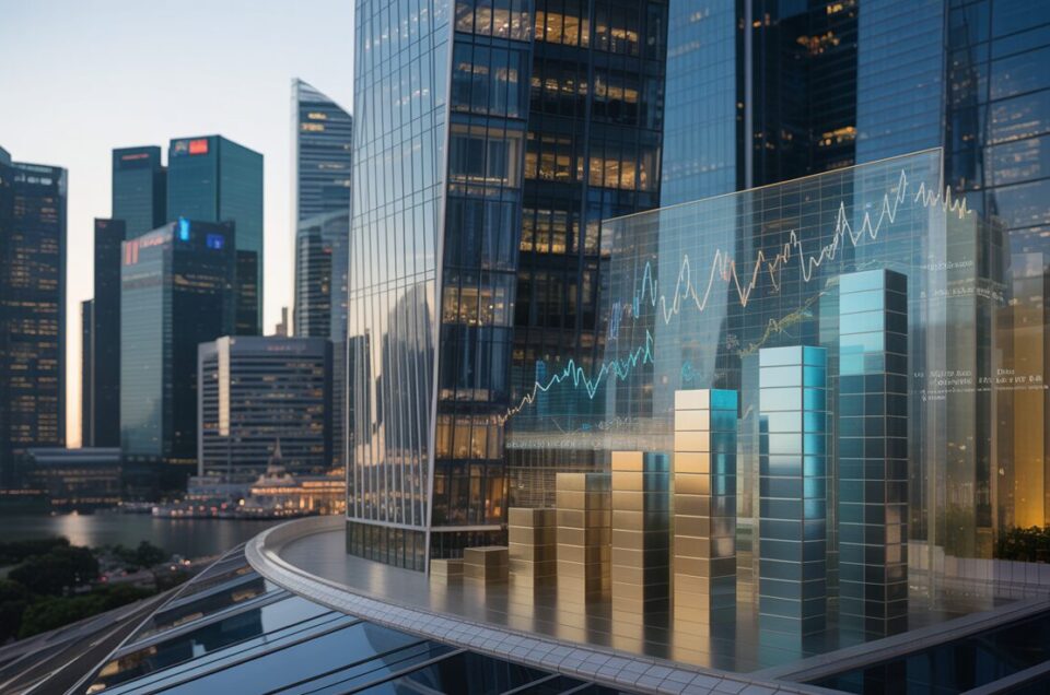 Skyscraper at dusk with holographic data and Marina Bay skyline backdrop.