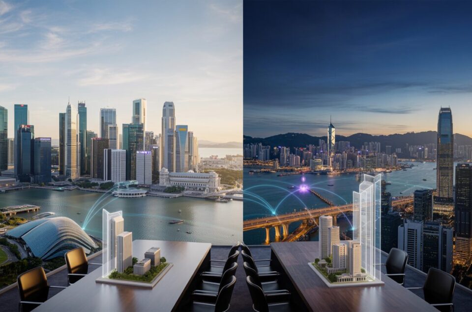 Split-screen of Singapore's Marina Bay and Hong Kong's Victoria Harbour, connected by digital bridge.