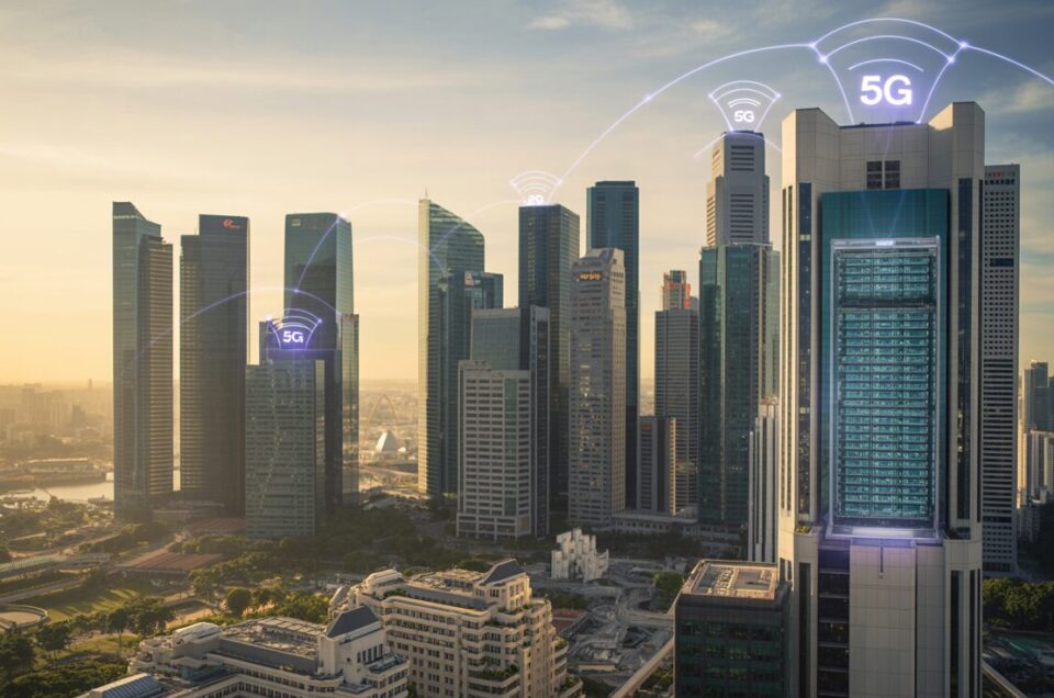 Aerial view of futuristic Singapore skyline at sunset with smart buildings and 5G tech.
