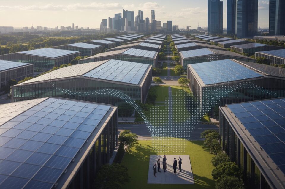 Aerial view of modern industrial complex with solar panels, Singapore skyline, and business professionals.