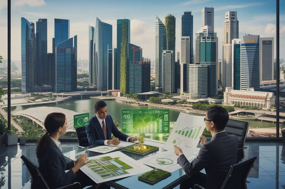 Aerial view of Singapore CBD with green skyscrapers and a boardroom focusing on sustainability.