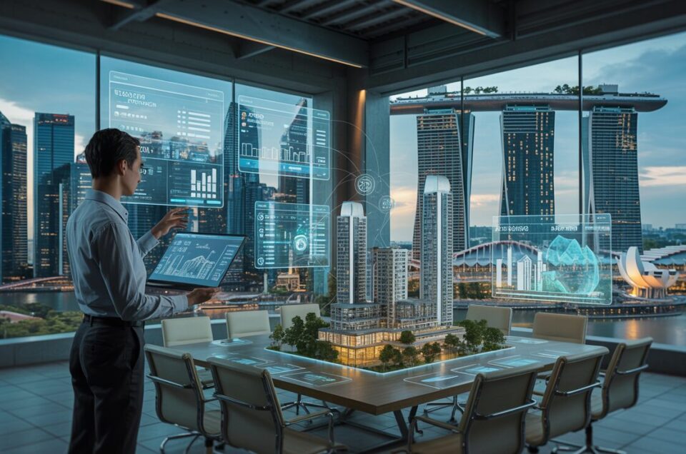 Futuristic real estate tech center with manager at transparent screens, Singapore skyline view.
