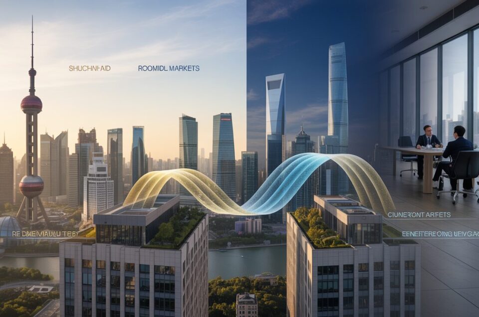 Shanghai skyline at dawn with Oriental Pearl Tower, CapitaLand skyscraper, financial data overlay.