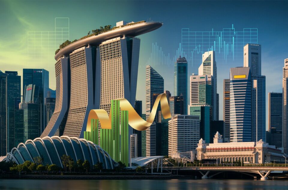 Singapore skyline at dusk with green bonds, REITs, and golden yield curve contrast.