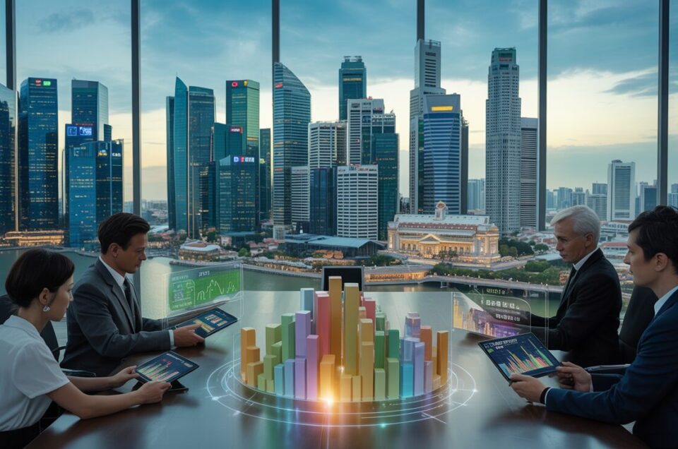 Singapore skyline at dusk with investors analyzing digital property data.