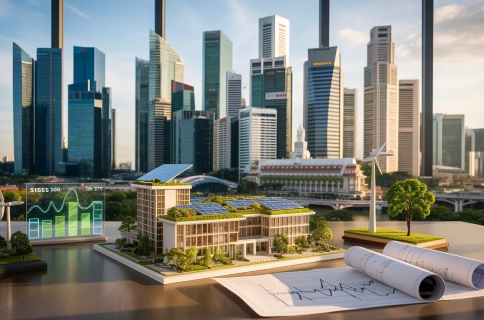 Singapore skyline at golden hour with a sustainable REIT model on a boardroom table.