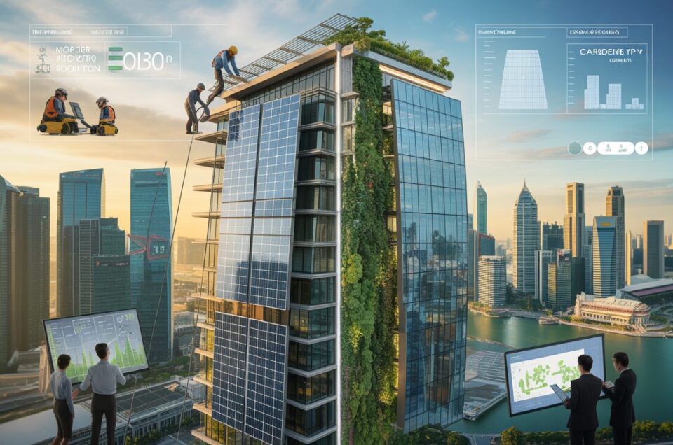 Singapore skyscraper's green retrofit with solar panels, rooftop garden, and tech displays at sunset.
