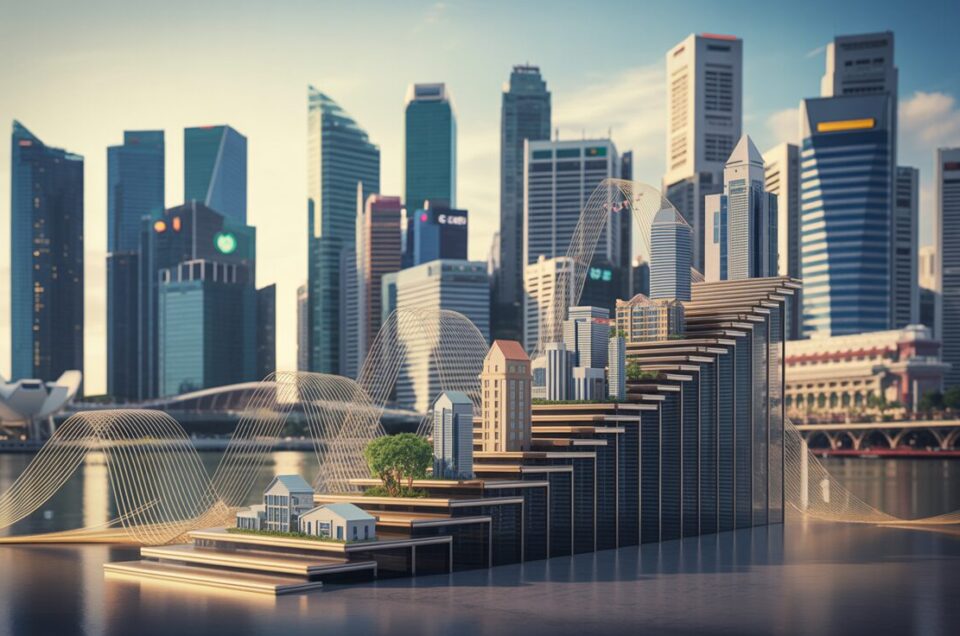 Sophisticated REIT portfolio laddering at Singapore skyline; glass steps with mini buildings.