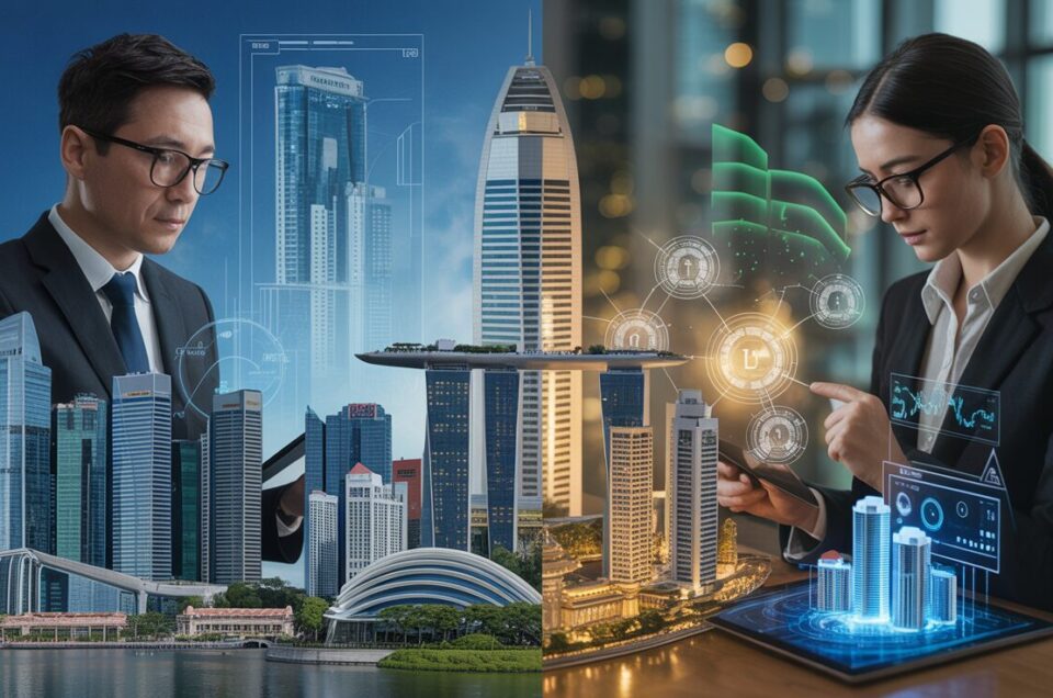 Split-screen of REIT units vs digital tokens in Singapore's financial district.