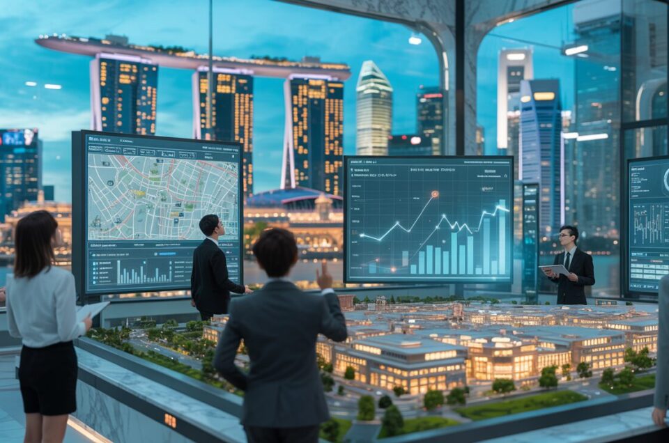 Urban smart-city control center with data displays, diverse professionals, and Singapore skyline at dusk.