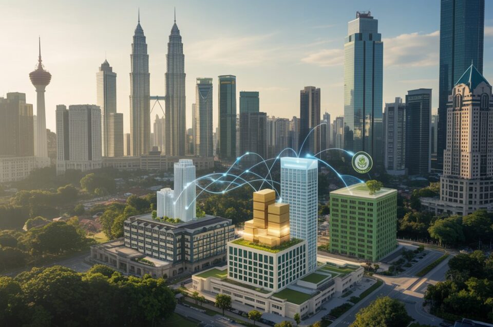 Aerial view of Kuala Lumpur's skyline with Petronas Towers, blockchain links, and green-certified buildings.