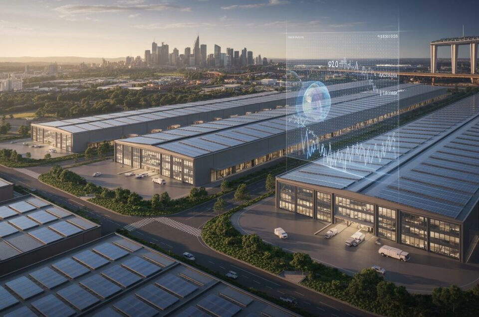 Aerial view of modern Australian warehouse district at golden hour with solar roofs, digital overlays, and Sydney skyline.