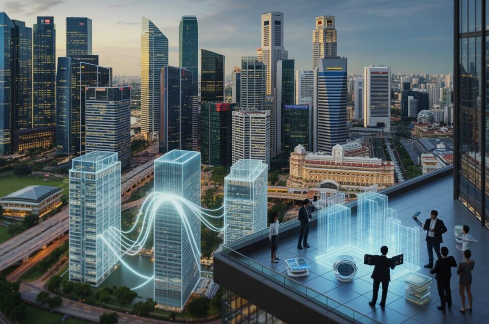 Aerial view of Singapore skyline at dusk with digital light patterns, skyscrapers, and investors on a rooftop terrace examining holographic models.