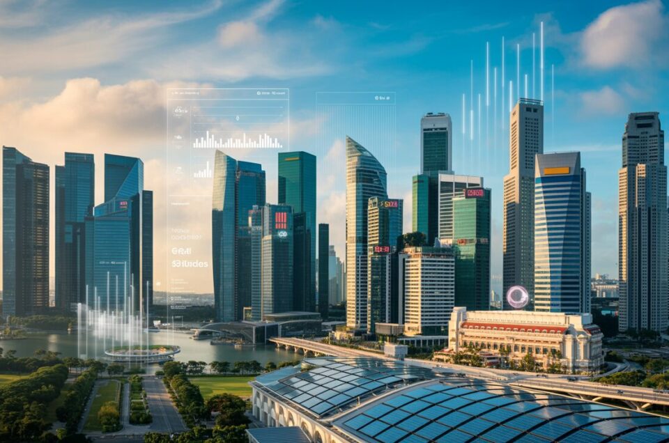 Aerial view of Singapore skyline with sustainable architecture, solar panels, vertical gardens, and holographic data displays.