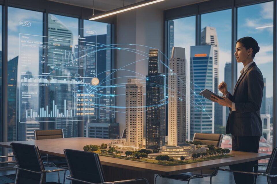 CFO analyzes holographic real estate models in a sleek Singapore office with city skyline view.