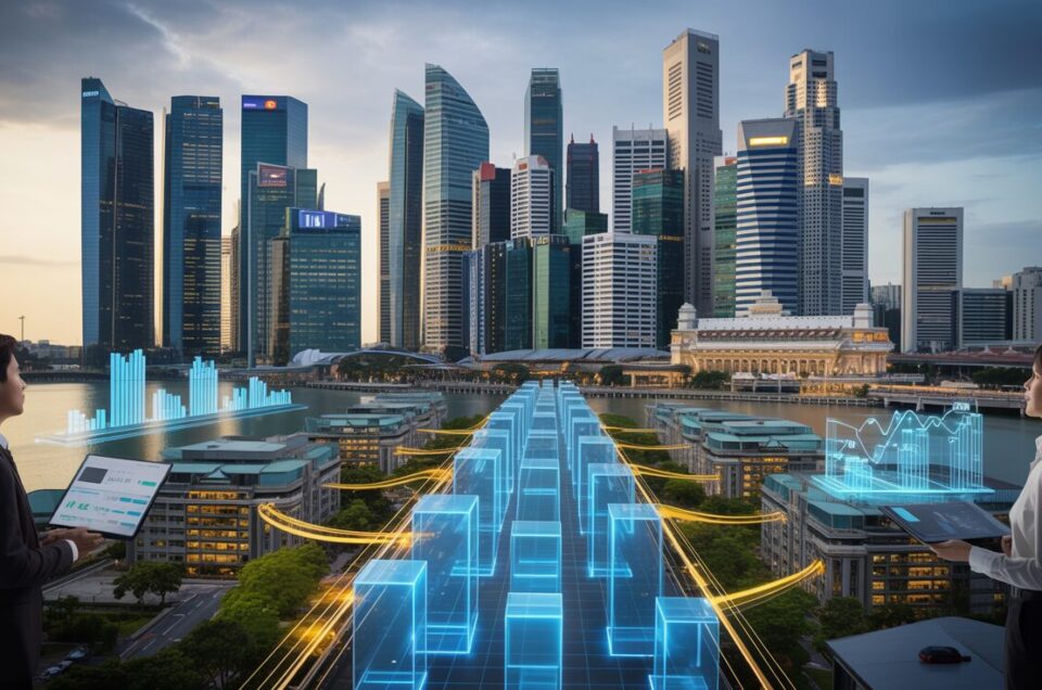 Futuristic Singapore skyline with blockchain pathway and investors at dusk.
