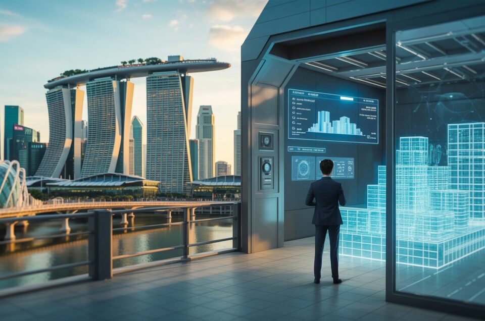 Futuristic Singapore skyline with digital vault, tokenized assets, executive at biometric panel.