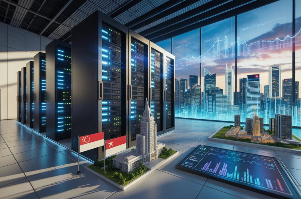 Modern data center in Singapore with blue-lit servers, cityscape, and architectural models.