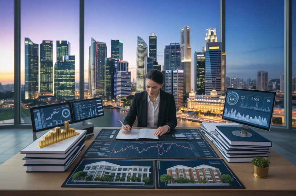 Modern Singapore skyline at dusk; professional analyzing financial data with city view.