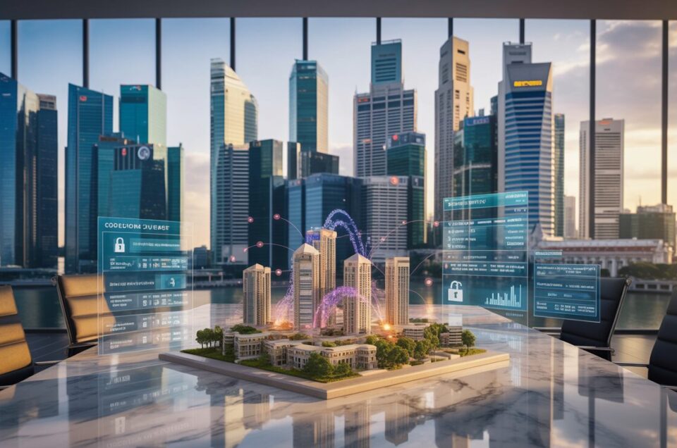 Modern Singapore skyline through boardroom windows, holographic real estate model, blockchain links.