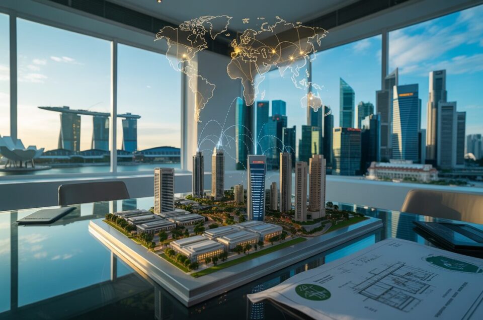 Panoramic view of global real estate with skyscrapers, digital data, and holographic map.