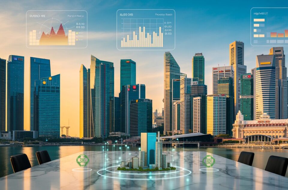 Panoramic view of Singapore skyline at sunset with digital dashboards and futuristic elements.