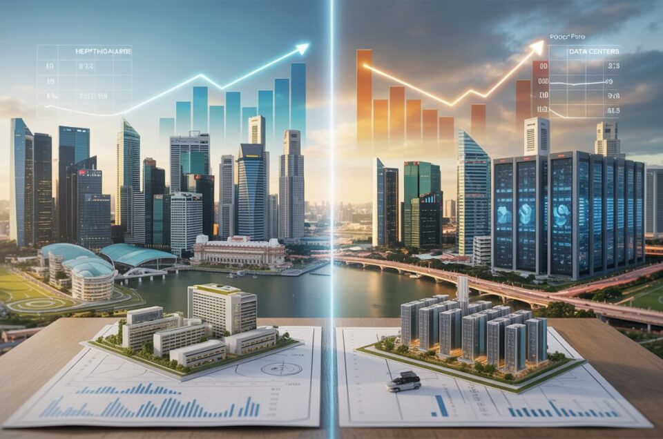 Panoramic view of Singapore skyline with hospitals, data centers, and investment metrics.