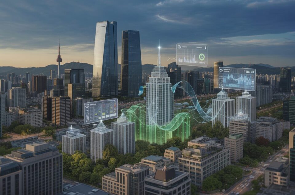 Seoul cityscape with skyscrapers, N Seoul Tower, and digital architectural blueprints at dusk.