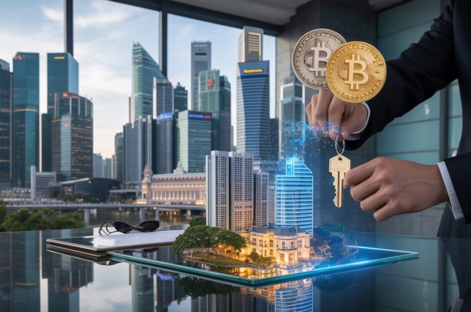 Singapore skyline at dusk with holographic blockchain real estate display on glass table.