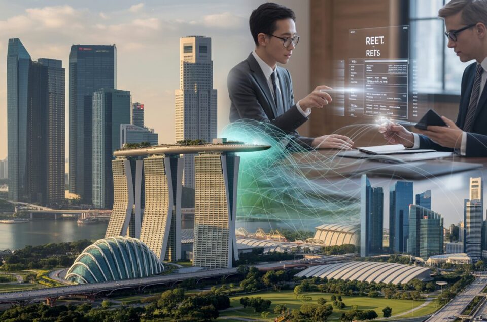 Singapore skyline split-screen with Marina Bay Sands, digital lines, investors, blockchain elements.