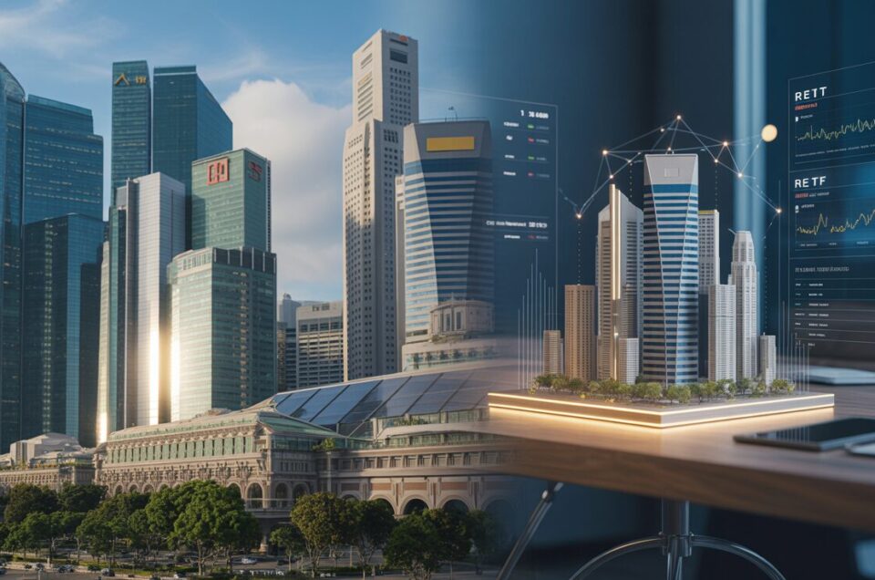 Singapore skyscrapers and REIT portfolio with blockchain network, blue-gold lighting.