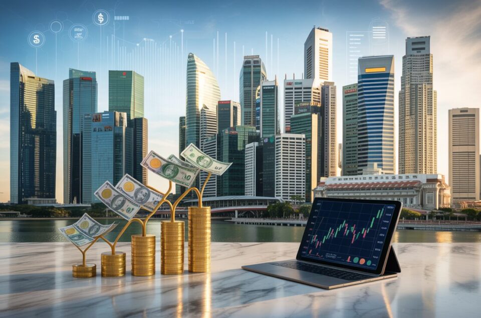 Singapore's financial district at sunset with digital tree symbolizing investment, cityscape in warm light.