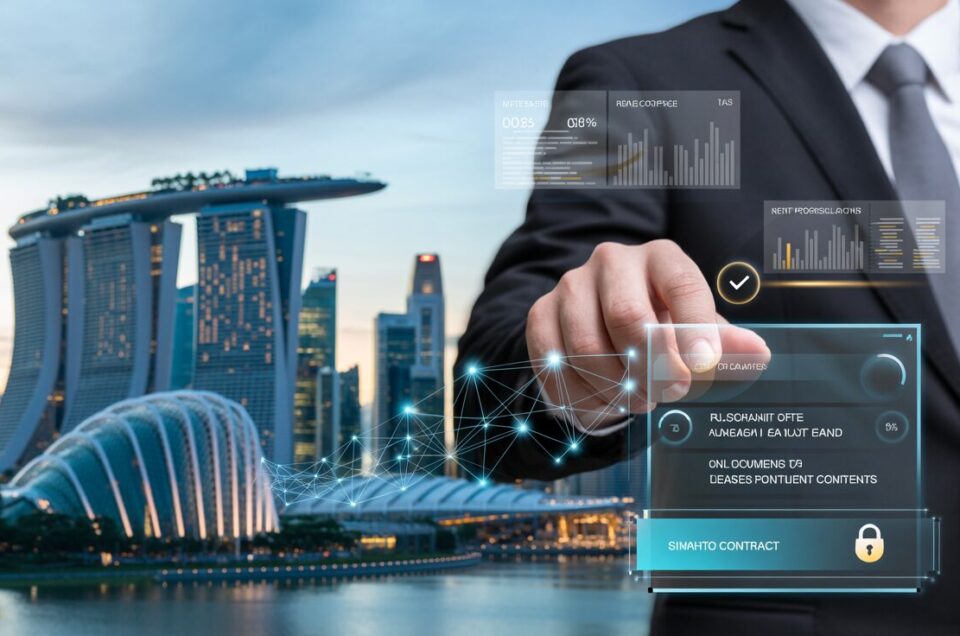 Split-screen of Singapore skyline and blockchain evolving into smart contract.