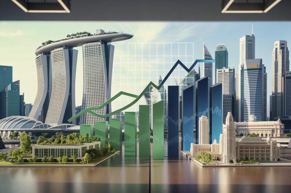 Split-screen of Singapore skyline; green skyscrapers vs. blue towers with upward financial graph.