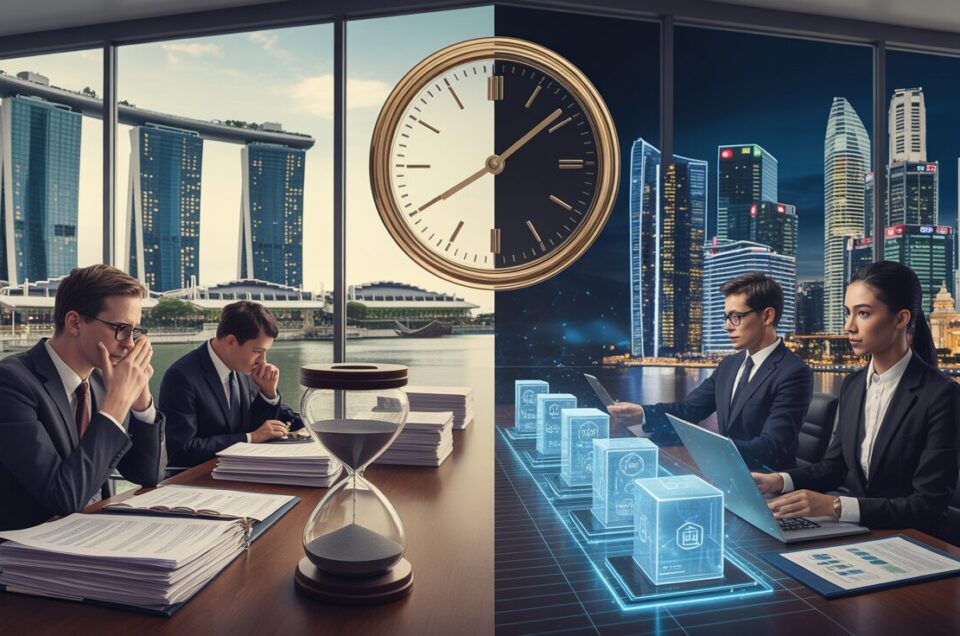 Split-screen of traditional vs digital real estate investing, contrasting boardroom stress with blockchain efficiency.