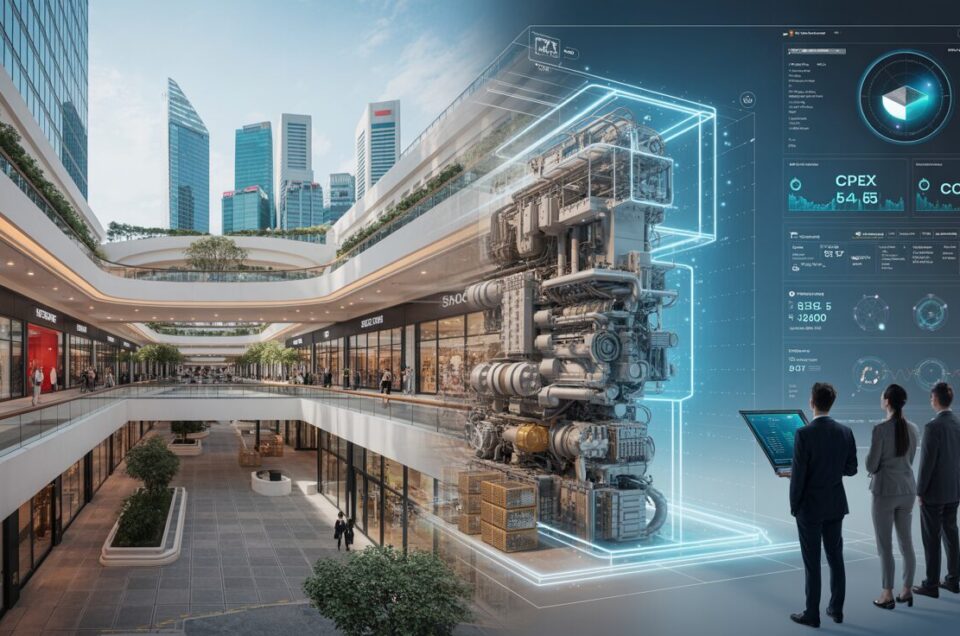 Split-screen: upscale Singapore mall and digital twin with data overlays.