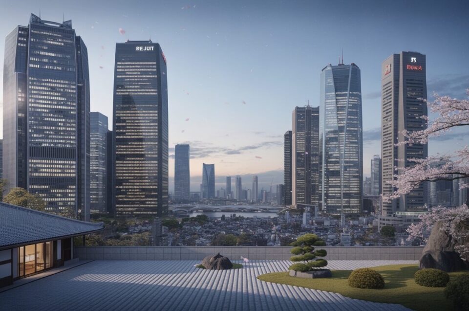 Tokyo cityscape at dusk with traditional and modern architecture, zen garden, cherry blossoms, and Marina Bay silhouette.