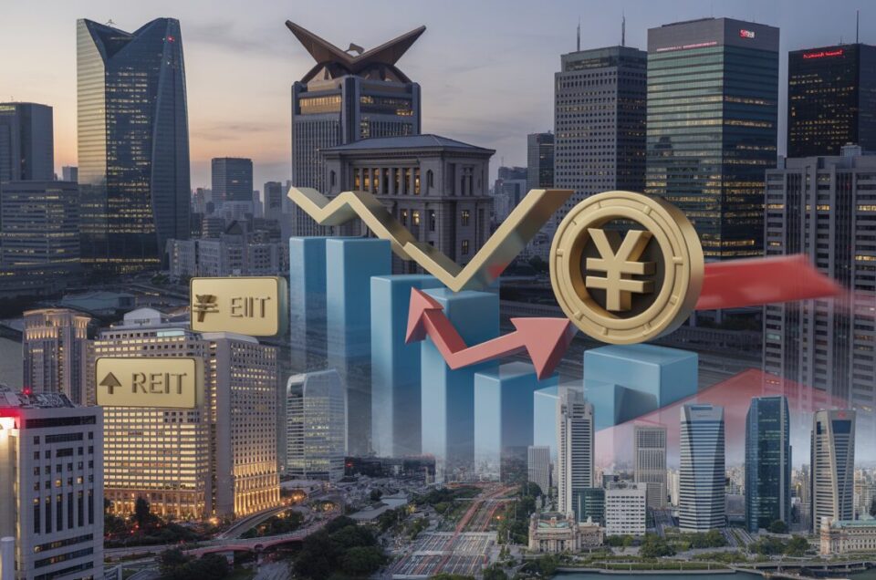 Tokyo skyline at dusk with Bank of Japan, REIT markers, and Yen graph in focus.