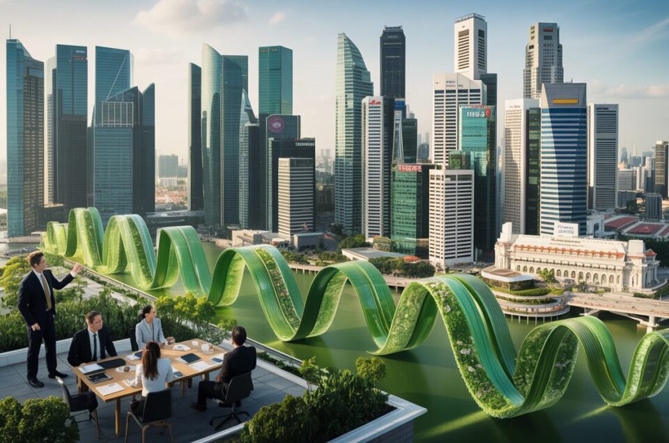 Aerial view of Singapore's skyline at golden hour with eco-friendly skyscrapers, green bonds, and rooftop garden meeting spaces.
