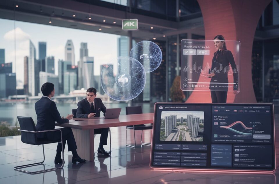 Business meeting with holographic displays, Singapore skyline, modern tech environment