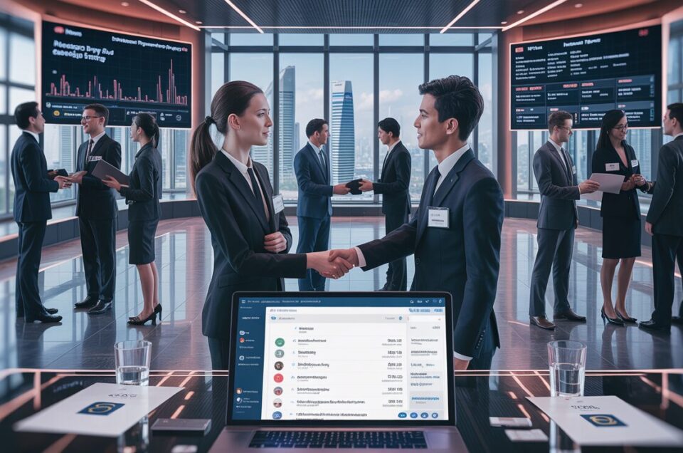 Business professionals networking at Singapore summit with Marina Bay view.