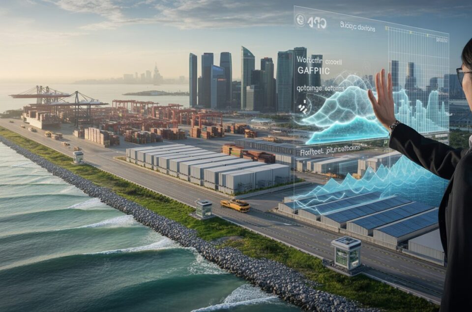 Coastal logistics hub in Singapore with seawall and solar rooftops at golden hour.