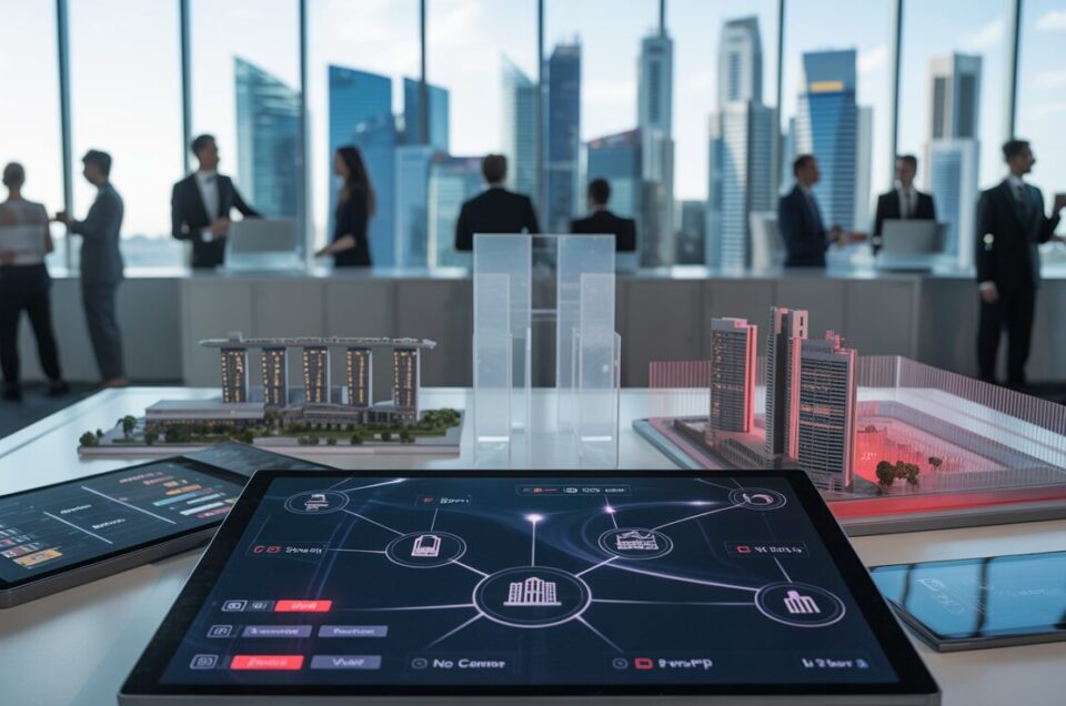 Corporate exhibition booth with digital interfaces and Singapore skyline.