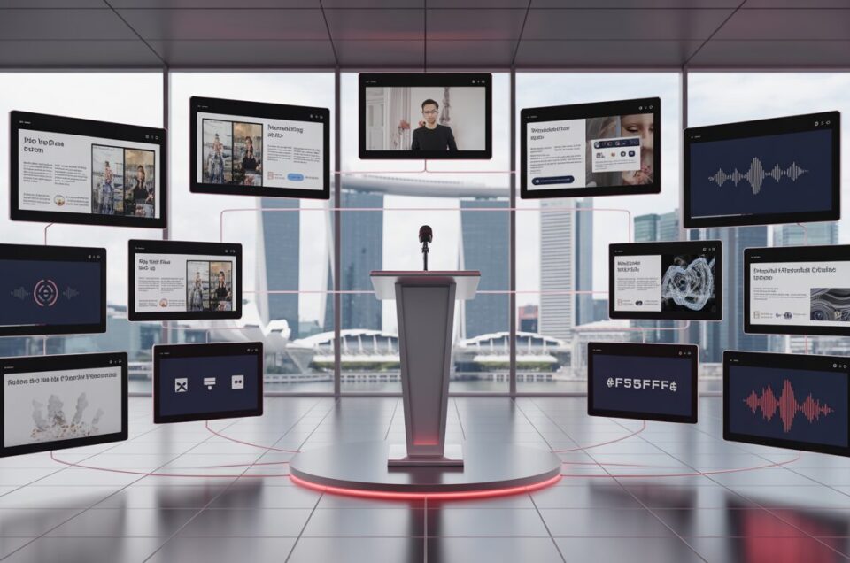 Corporate keynote with podium, digital screens, Singapore skyline, red accents.